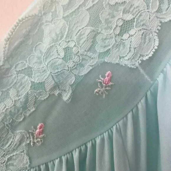 Vintage Shadow Line L Aqua SILKY NYLON Nightgown Negligee Gown Pink Rose USA - Picture 6 of 12